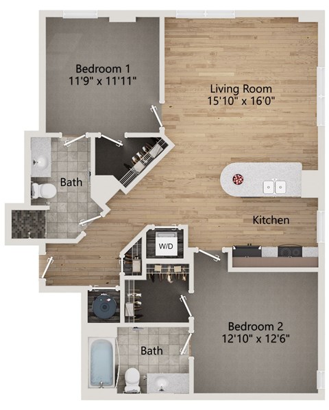 A floor plan of a home with a living room, two bedrooms, a kitchen, and a bathroom.